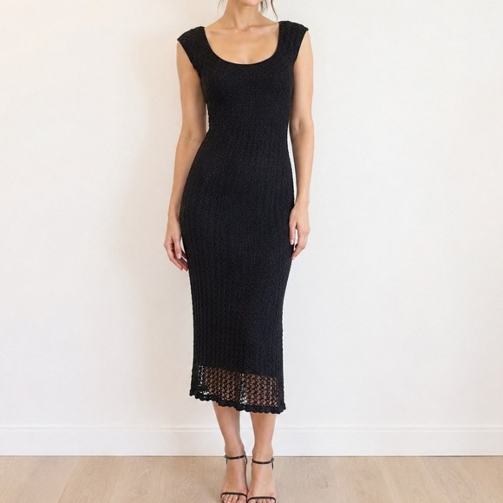 VTG Niki‎ Livas Black Textured Midi Dress 10 Bodycon Evening USA 90s Minimalist